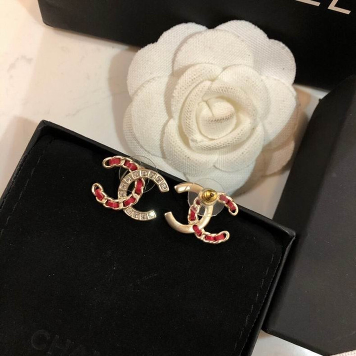 Chanel Crystal And Red Leather Iconic Logo Pattern Earrings