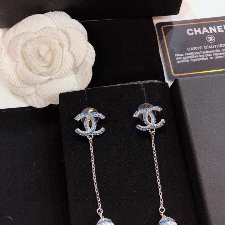 Chanel Blue Crystal Dangle Earrings With Interlocking Logo Pattern