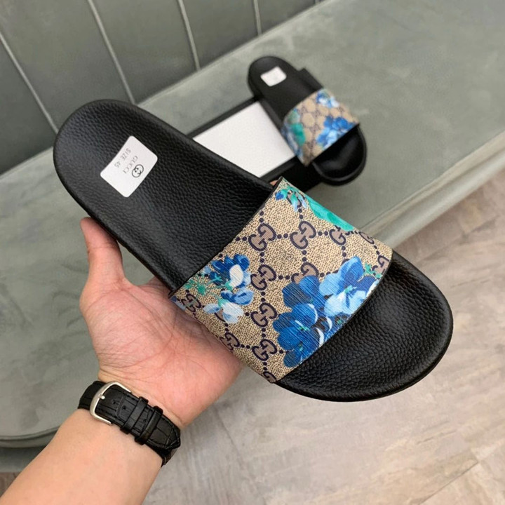 Gucci Men's Supreme Gg Canvas Bloom Print Blue Flower Slide Sandals