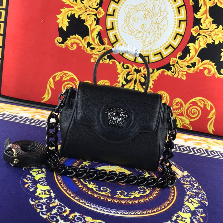 Versace La Medusa Small Chain Handbag Black Logo Leather In Black