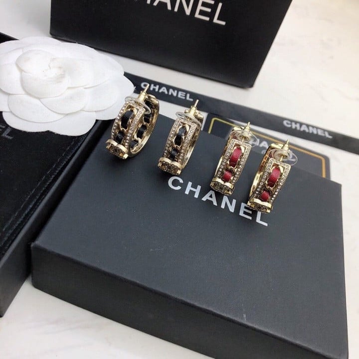 Chanel Strass Metal Iconic CC Logo Hoop Earrings With Black/ Red Leather