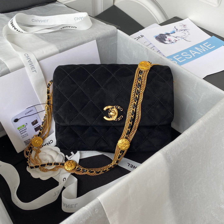 Chanel Small Flap Bag Gold Coin Badge On Chain Velvet In Black