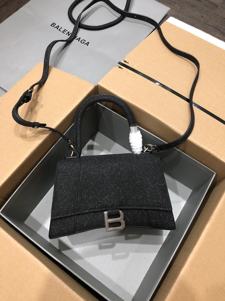 Balenciaga Hourglass Small Top Handle Bag Glittered Leather In Black