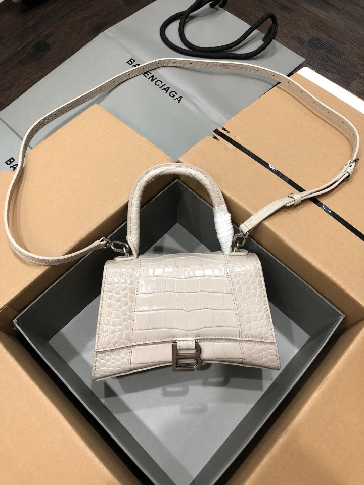 Balenciaga Hourglass Small Top Handle Bag Crocodile Leather In Ivory