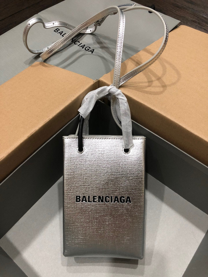 Balenciaga Shopping Mini Phone Holder Bag Cowhide In Silver