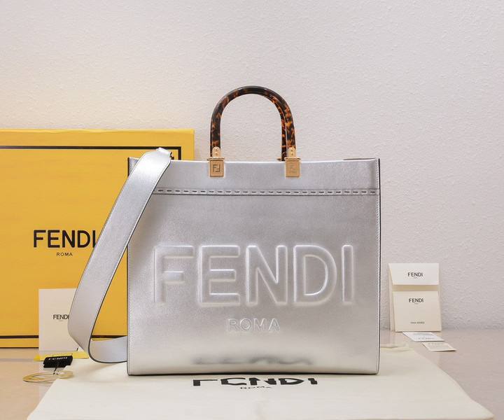 Fendi Sunshine Medium Tote Bag Debossed Metallic Leather In Silver