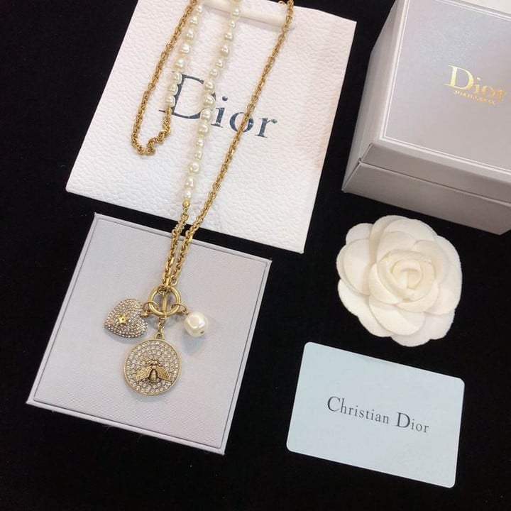 Dior Pearls Necklace With Crystals Heart Bee