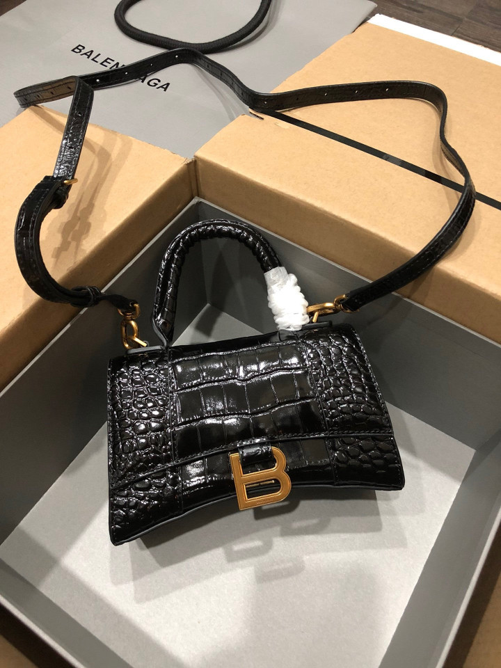 Balenciaga Hourglass XS Top Handle Bag Crocodile Leather In Black Gold Hardware