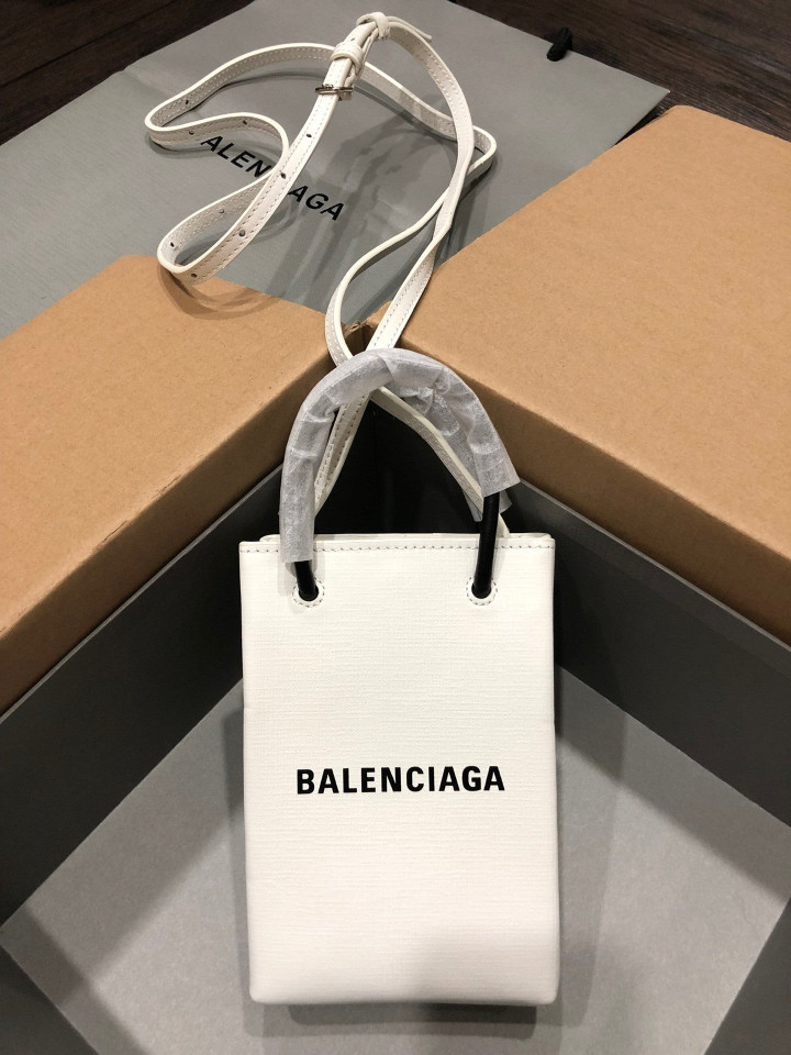 Balenciaga Shopping Mini Phone Holder Bag Cowhide In White