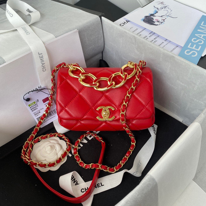 Chanel Classic Rhombus Mini Flap Bag Elegant Chain Leather In Red