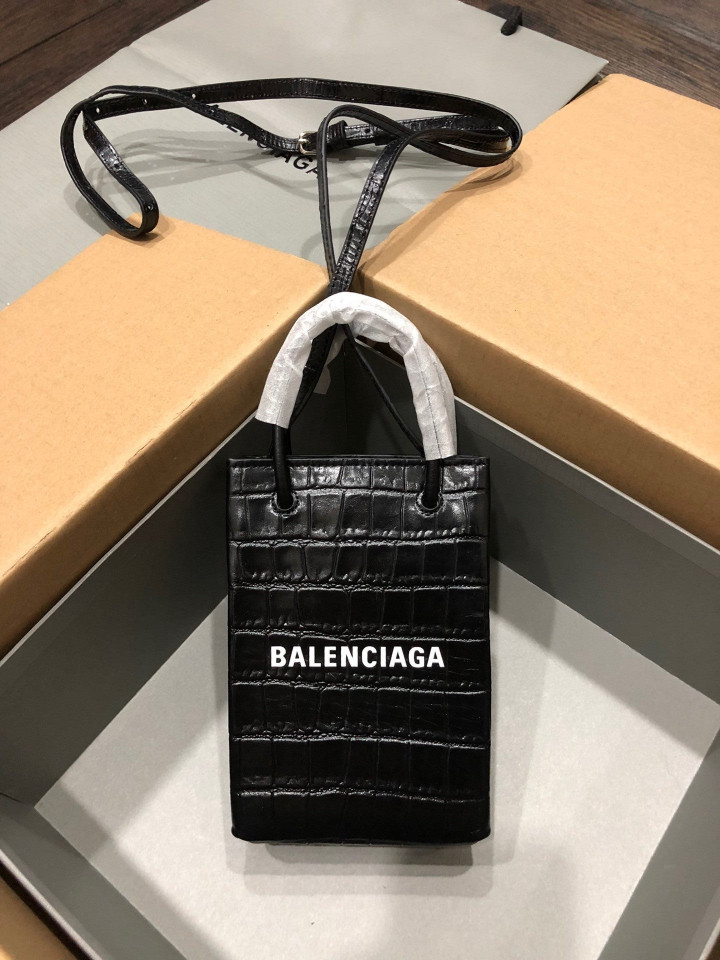Balenciaga Shopping Mini Phone Holder Bag Crocodile Leather In Black