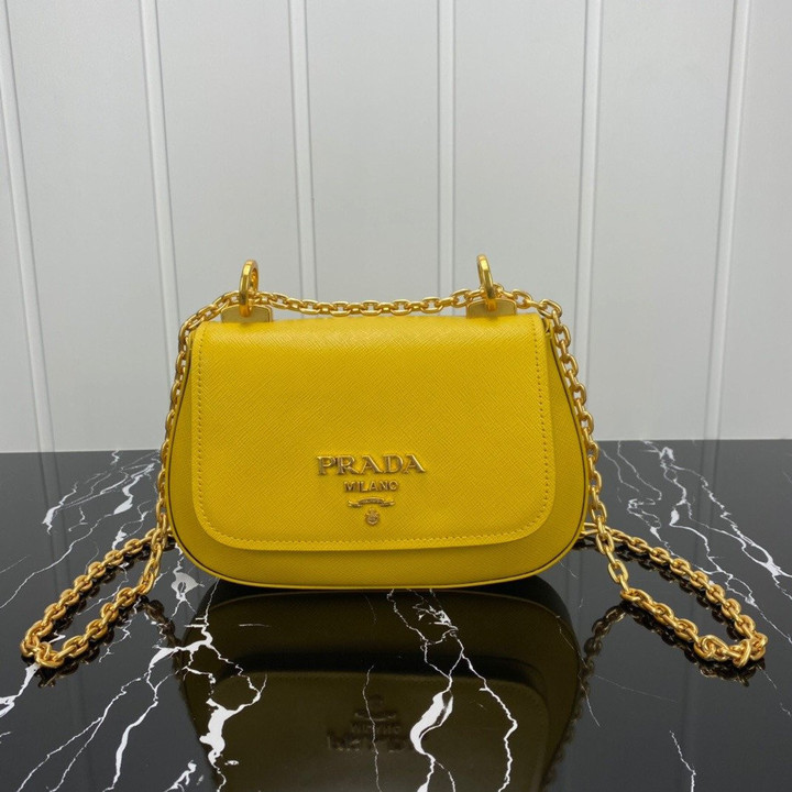 Prada Lettering Logo Chain Shoulder Bag Leather In Yellow