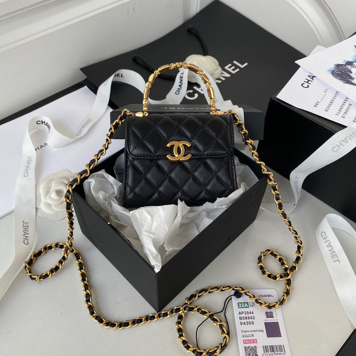 Chanel Mini Clutch With Chain Bag Unique Top Handle Leather In Black