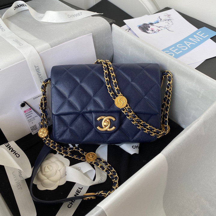 Chanel Small Flap Bag Gold Coin Chain Grain Cowhide In Navy