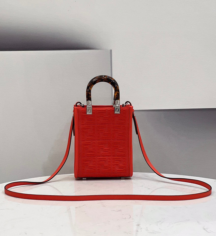 Fendi Sunshine Mini Shopper Bag FF Fabric In Red