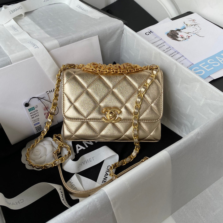 Chanel Mini Flap Bag Quilted Lambskin In Metallic Gold