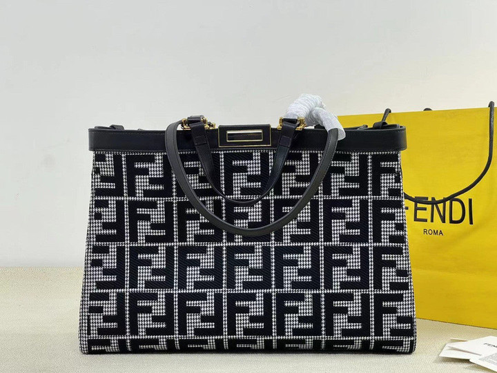 Fendi Medium X-Tote Bag Houndstooth Canvas FF Embroidery In Black