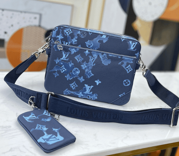 Louis Vuitton Duo Messenger Bag Grained Leather In Ink Watercolor Blue