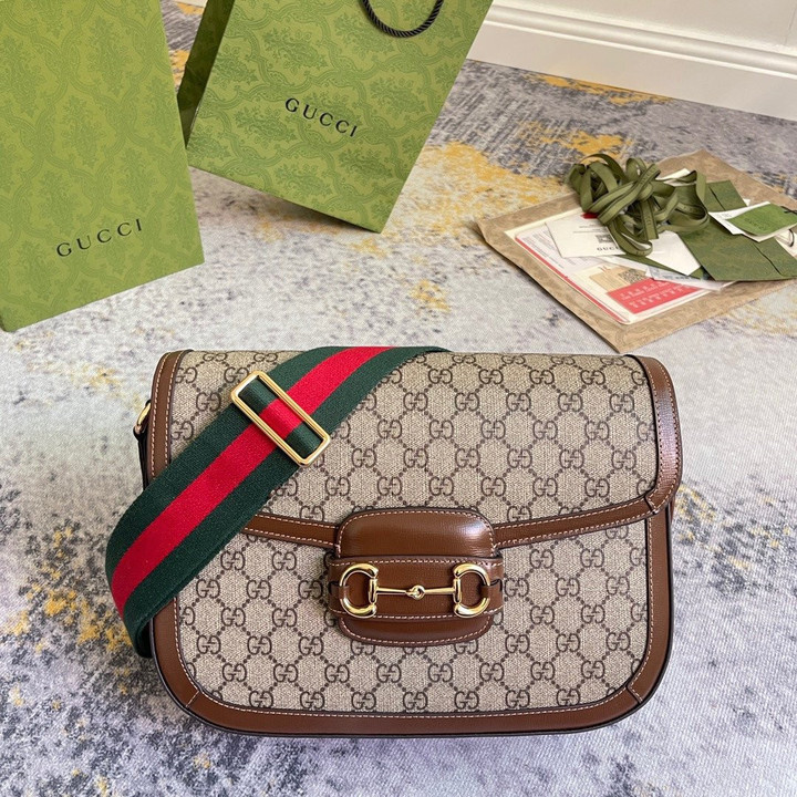 Gucci Horsebit 1955 Medium Shoulder Bag Web Strap GG Supreme Canvas In Brown