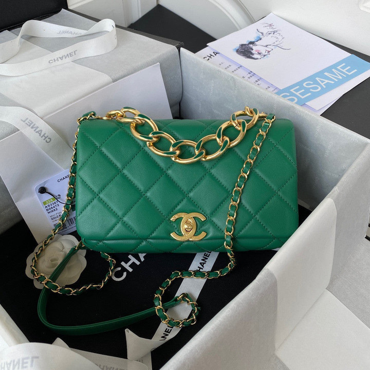 Chanel Classic Rhombus Medium Flap Bag Elegant Chain Leather In Green