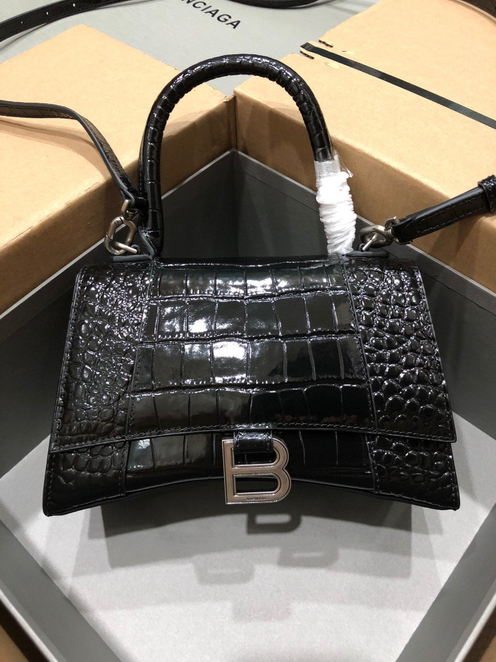 Balenciaga Hourglass Small Top Handle Bag Crocodile Leather In Black Silver Hardware