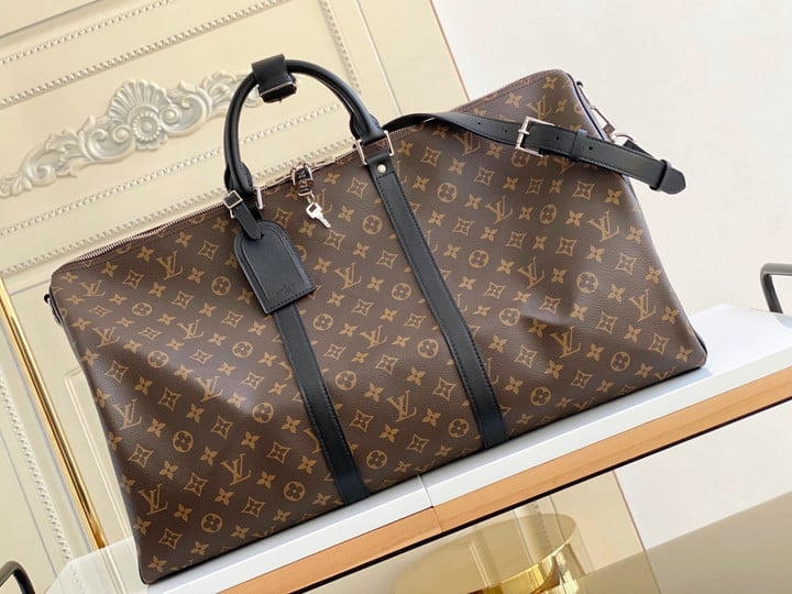 Louis Vuitton Keepall Bandoulière 55 Bag In Brown Monogram Canvas Black Leather