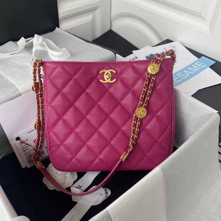 Chanel Gold Coin Badge On Chain Tote Bag Lychee Leather In Magenta