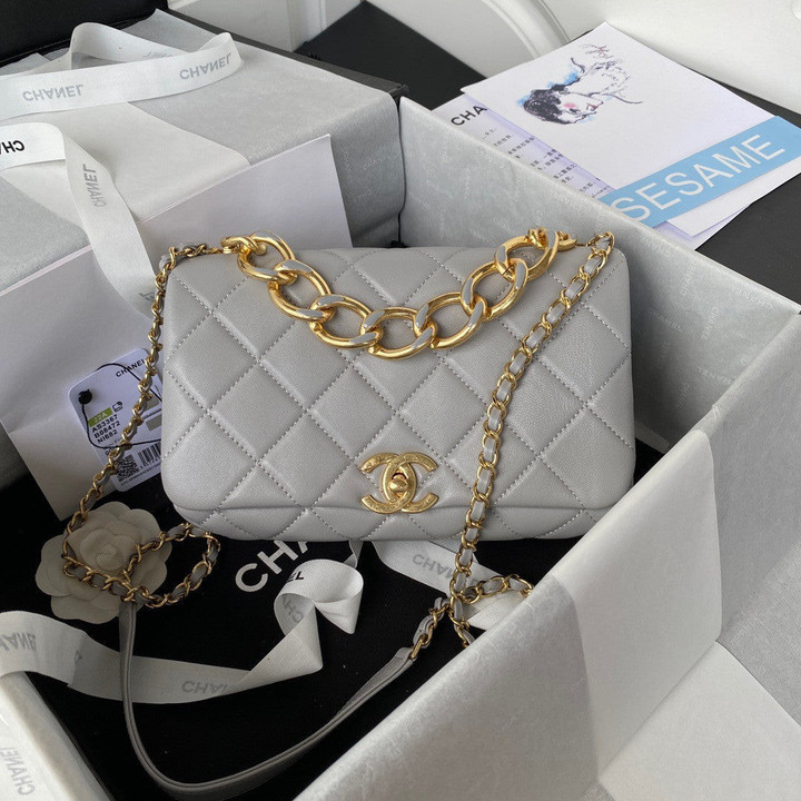 Chanel Classic Rhombus Medium Flap Bag Elegant Chain Leather In Gray