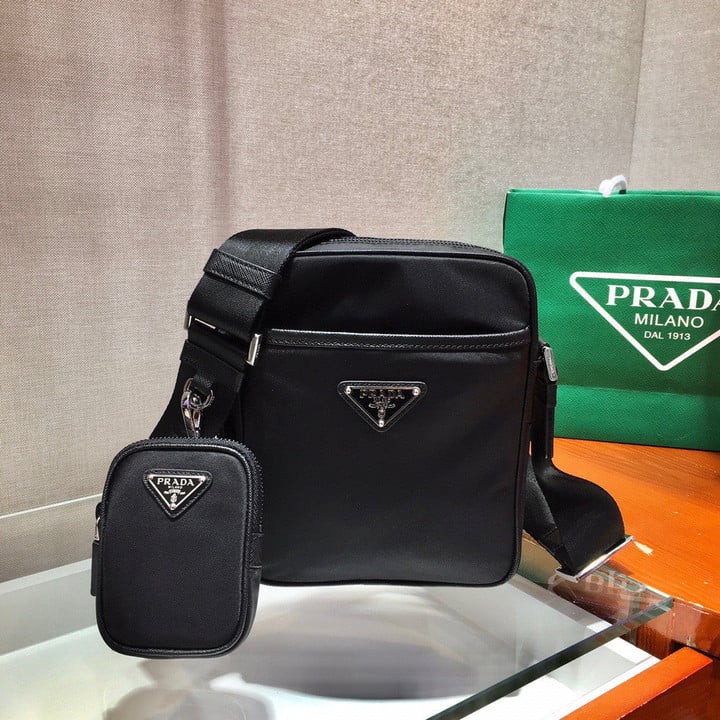 Prada Nylon Triangle Label Mini Shoulder Bag In Black