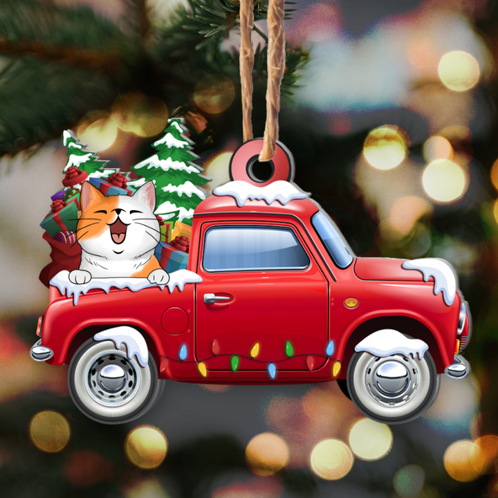 Your Cute Cat In The Red Truck Cut Shape Christmas Ornament OR0406