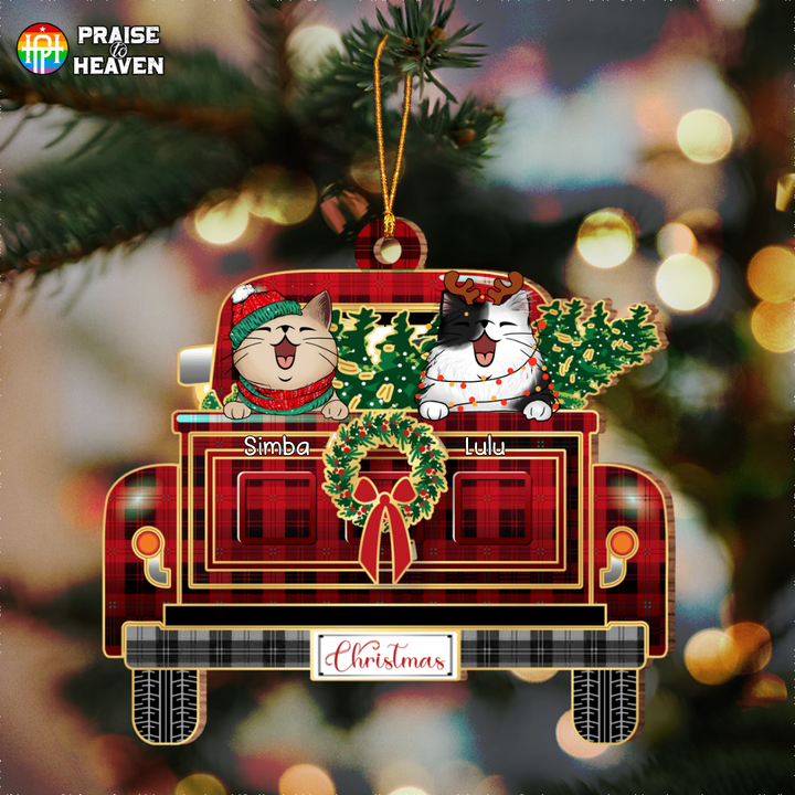 Cat On Red Plaid Truck Personalized Wooden Cut Shape Christmas Ornament OR0414