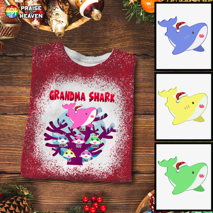 Grandma Shark, Mama Shark Christmas Bleached Shirt Sweatshirt Hoodie AP468