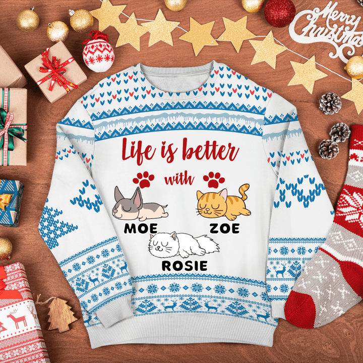 Life Is Better With Sleeping Cat 3D-Printed Christmas Ugly Sweatshirt Hoodie AP542