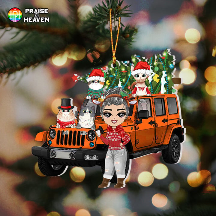 Jeep Girl With Cats Personalized Cut Shape Christmas Ornament OR0296