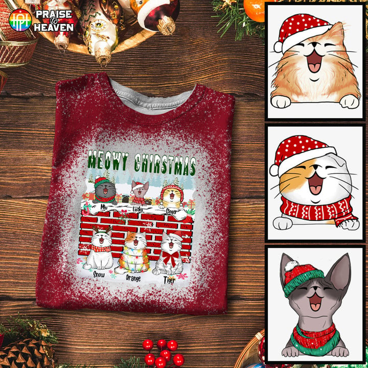 Meowy Christmas Personalized Cats Bleached Shirt Sweatshirt Hoodie Ap462