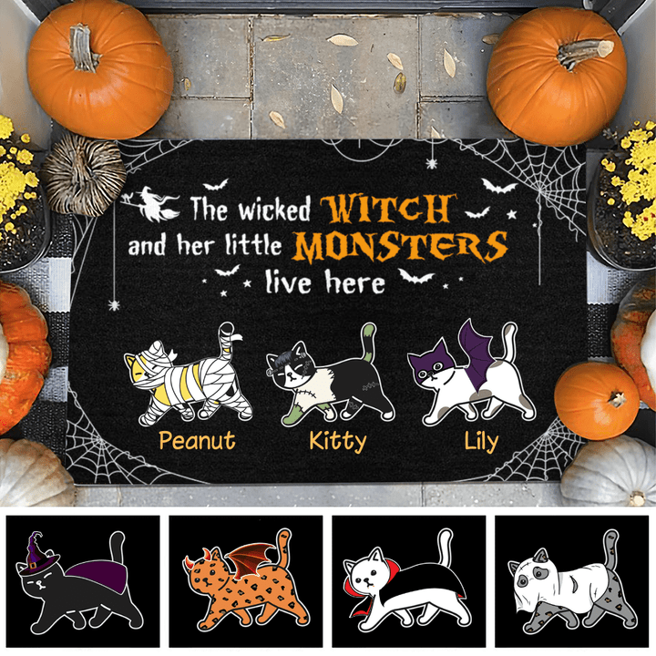 Wicked Witch And Monster Cats Live Here Halloween Outdoor Indoor Doormat DO0016