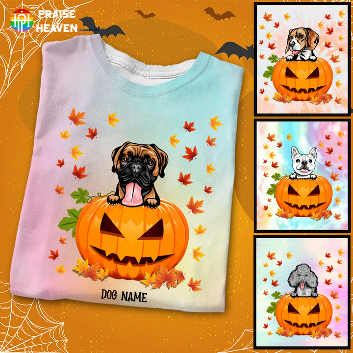 Peeking Dog Halloween Fall Season Personalized Dog 3D Tie Dye Shirt Sweatshirt Hoodie AP326
