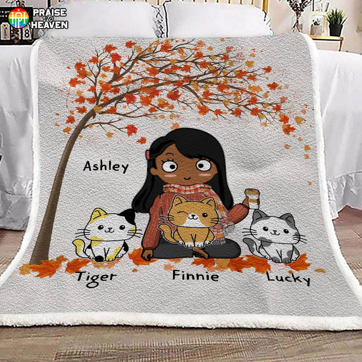 Fleece Blanket Chibi Girl and Sitting Cat Fall Season Theme Personalized FBL059