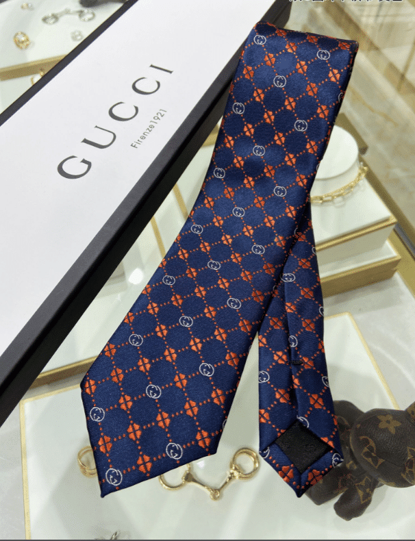 Gucci Interlocking G And Clover Silk Tie Cravatta In Dark Blue/Orange