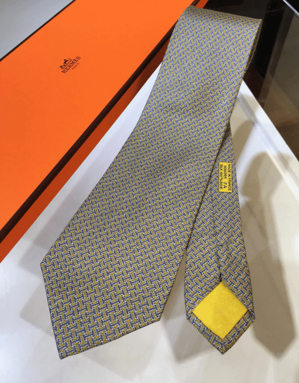 Hermes Incline H Pattern Neck Tie Cravatta In Yellow Gray