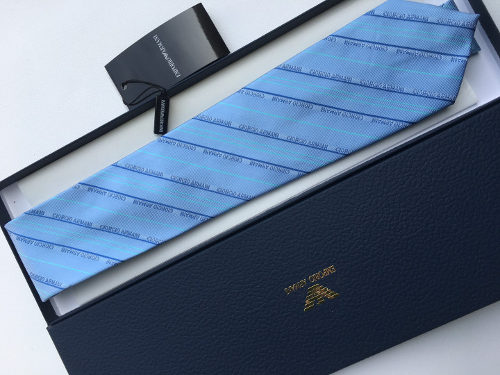 Giorgio Armani Words And Thin Stripe Pattern Necktie Caravatta In Ciel Blue