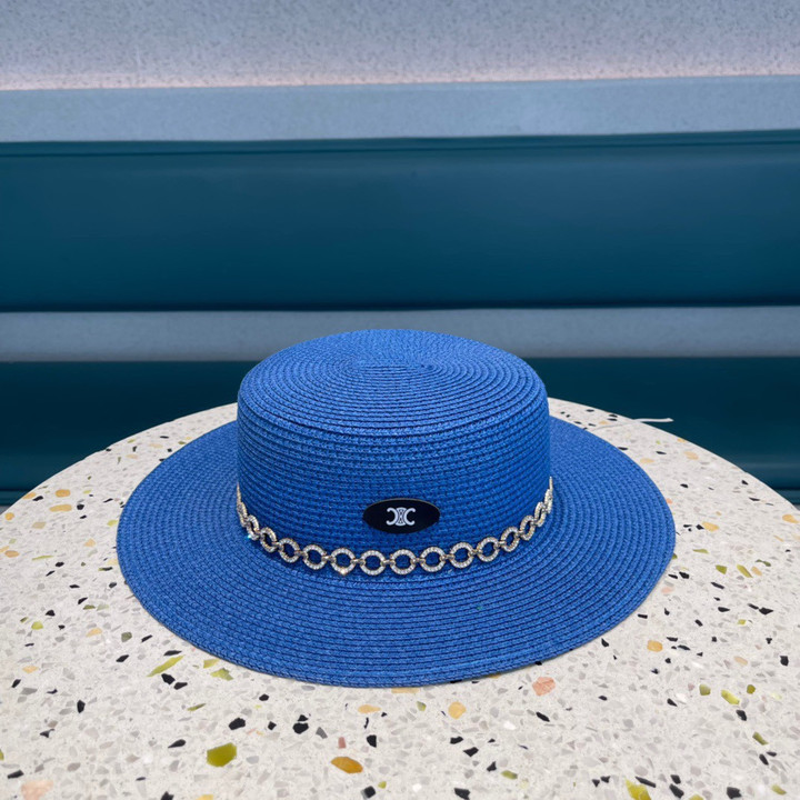 Celine Wide-Brimmed Straw Natural Hat In Navy Blue