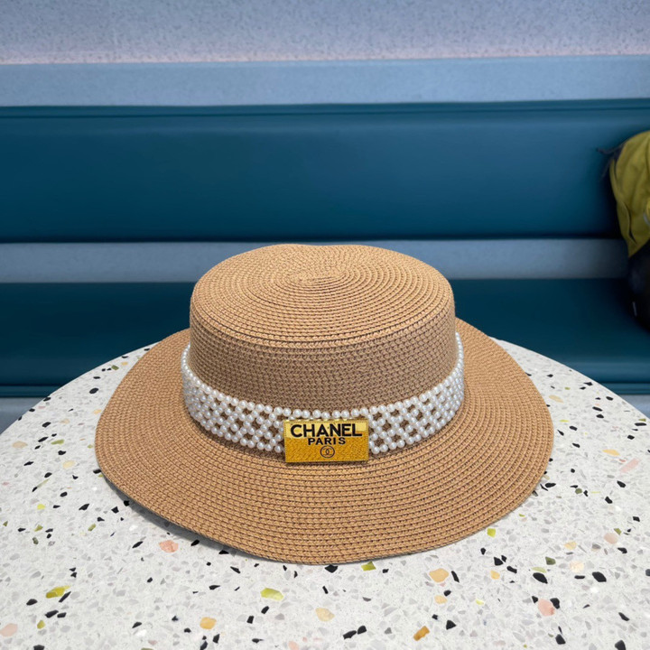 Chanel Large Brim Logo And Pearls Straw Hat In Brown