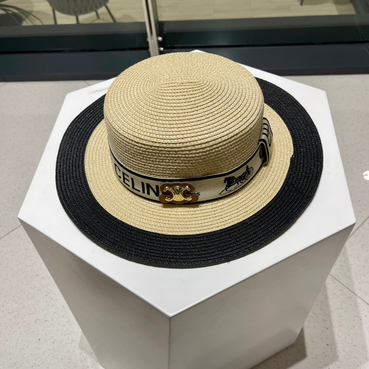 Celine Large Brim With Monogram Logo Straw Hat In Beige