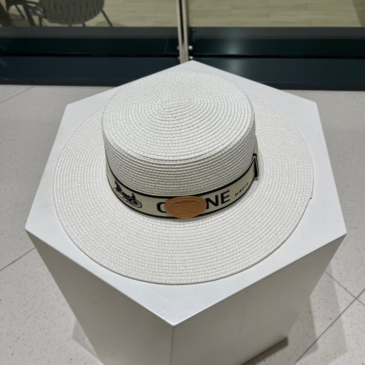 Celine Monogram Logo Large Brim Straw Hat In White