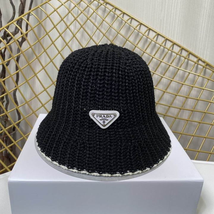 Prada Bucket Hat In Black Raffia