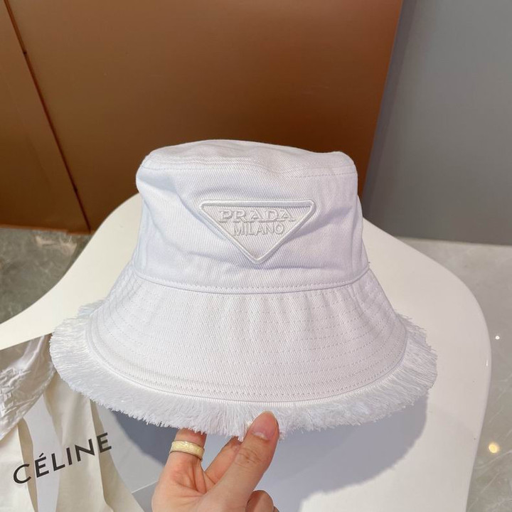 Prada Drill Bucket Hat With Fringed Edges In White