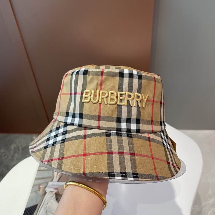 Burberry Vintage Check And Beige Embroidery Logo Cotton Bucket Hat