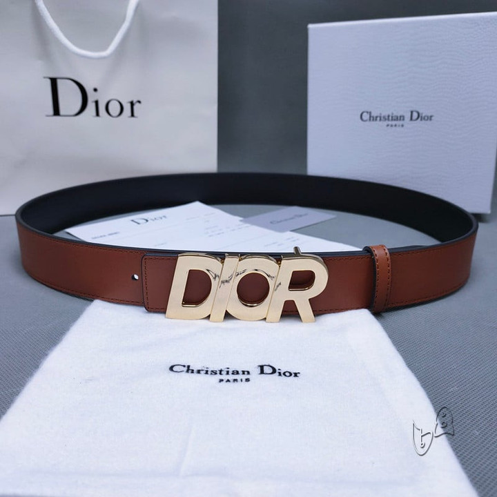 Dior Yellow Gold Logo Reversible Leather Belt In Brown