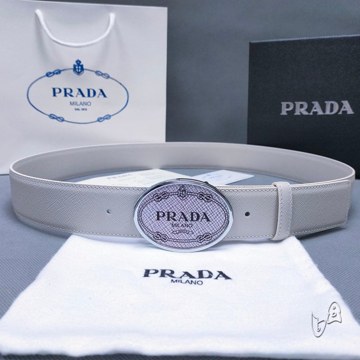 Prada Engraved Logo Buckle Leather Belt In Gray